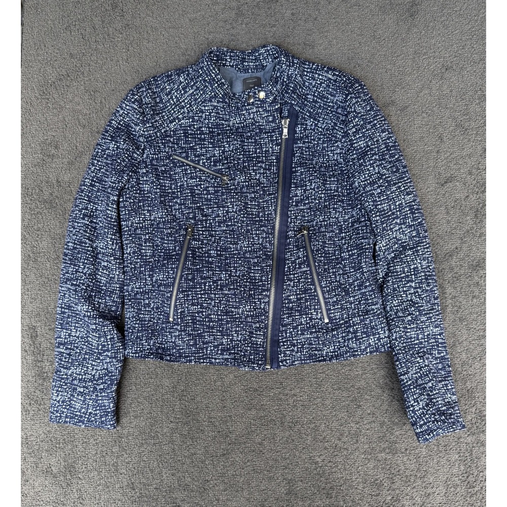 Gap Womens Blue White Textured Cotton Moto Biker Jacket Size L Lined Zip Pocket